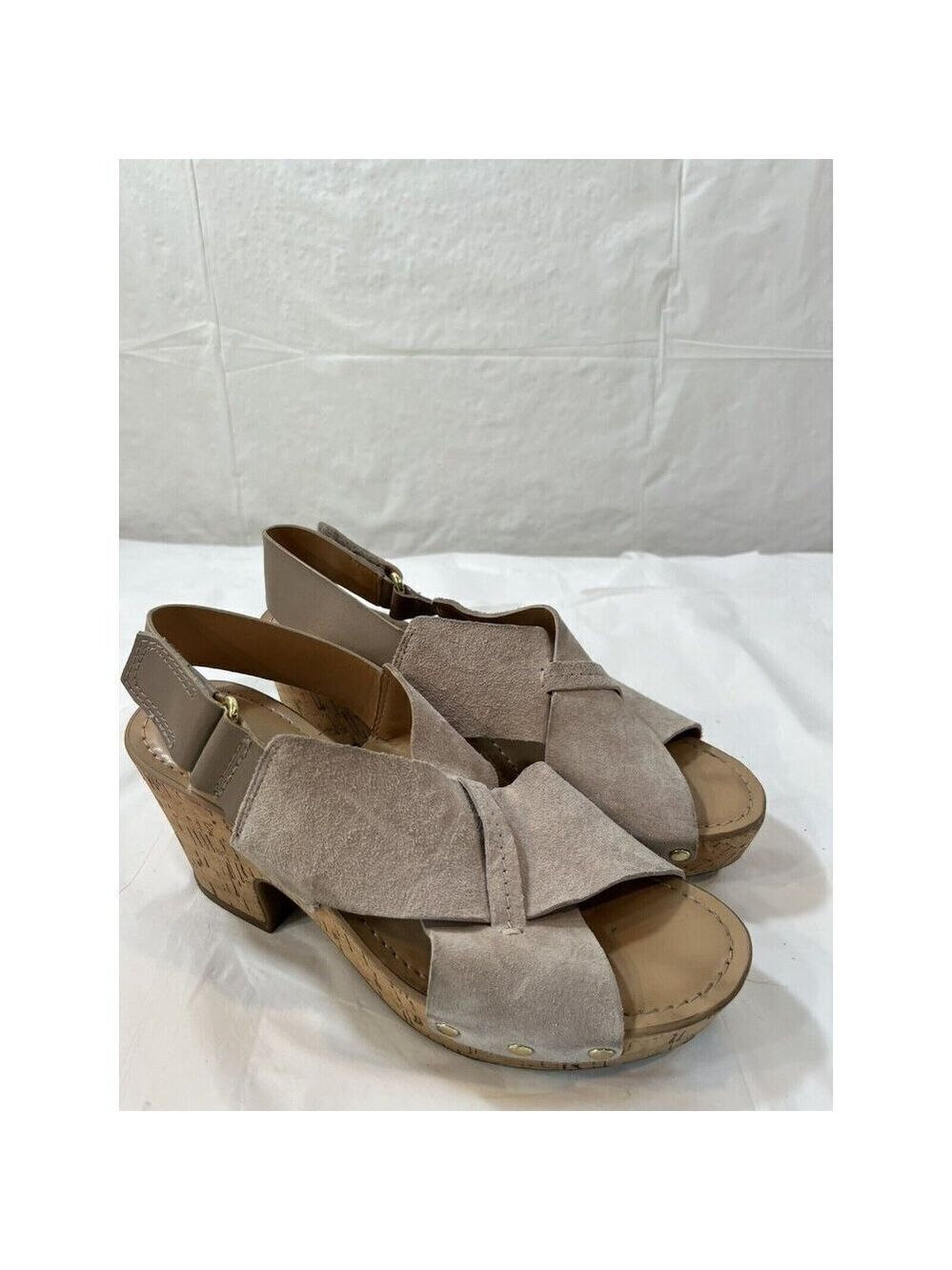 Franco Sarto Taupe Suede Slingback Kicks Platform Cork Sandals 7.5